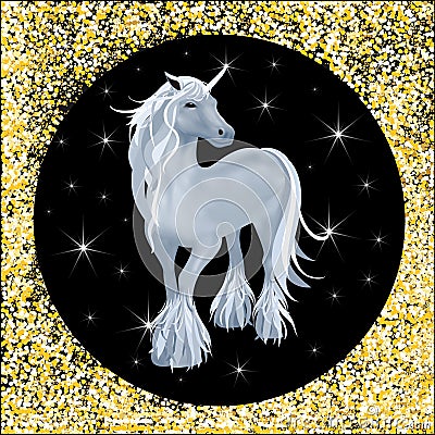 Cute illustration of grey unicorn with star and golden glitter background, Little magical unicorn on black and yellow gold, Cartoon Illustration