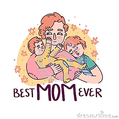 Cute illustration for happy mother s day. Cartoon characters of daughter, baby and mother are hugging. Vector Cartoon Illustration