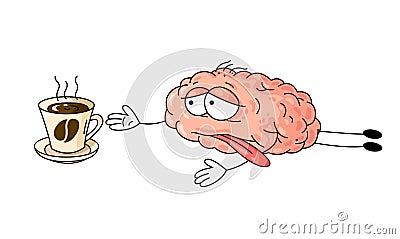 Cute illustration of human tired brain which creeps to a cup of coffee. Vector Illustration