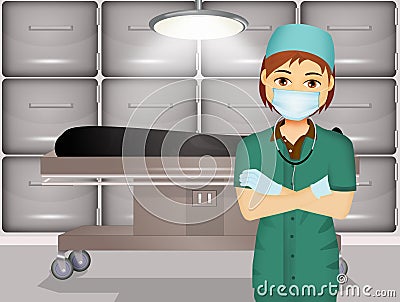 Illustration of pathologist performs autopsy on the corpse Cartoon Illustration