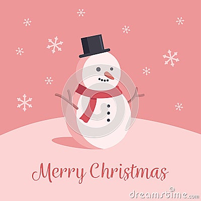 Cute illustration of snowman. Cartoon flat style Christmas card. Falling snow pink background. Vector Illustration