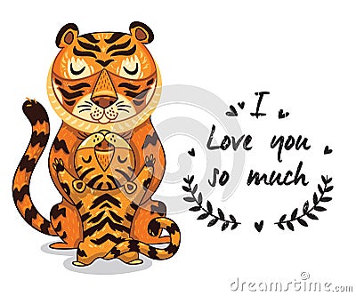 Cute illustration tigers with text I love you so much Vector Illustration