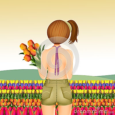 Illustration of woman in the tulip fields Cartoon Illustration