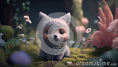 A cute illustration of a young wolf in a forest setting, with a curious and playful expression. Cartoon Illustration