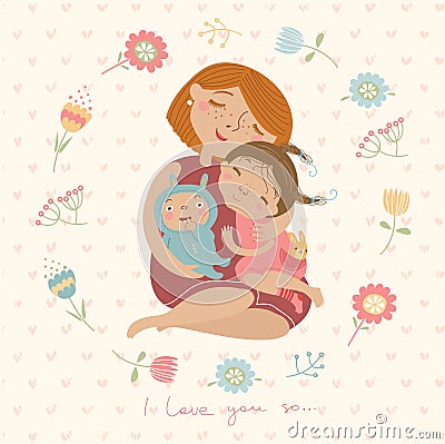 Cute illustration ÑŒom hugging their children Vector Illustration