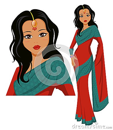 Cute Indian woman wearing a beautiful saree. Vector Illustration