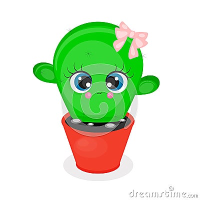 Cute indoor cactus in a pot character, with eyes, cartoon style, colorful vector, print for textiles, packaging Vector Illustration