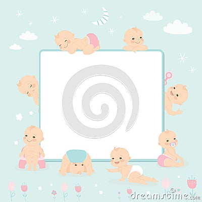 Cute infant baby frame template. Funny newborn children in different poses on doodle background Vector Illustration