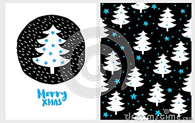 Merry Xmas. Lovely Christmas Vector Card and Pattern. Vector Illustration