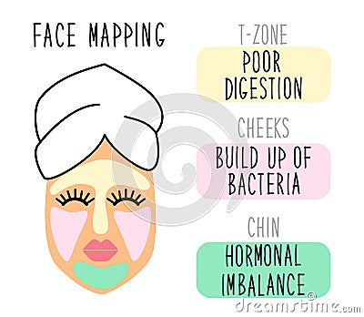 Cute infographic of face mapping, reasons of acne, inflammations or red pigmentation Vector Illustration