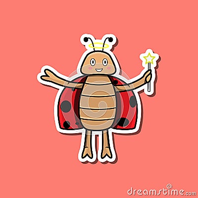 Cute Insect Sticker With Fairy Beetle Cartoon. Pink Background. Vector Illustration