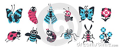 Cute insects. Cartoon bugs with happy face, spider caterpillar butterfly and other colorful characters for vector Vector Illustration