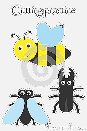 Cute insects in cartoon style, cutting practice, education game for the development of preschool children, use scissors, cut the Stock Photo