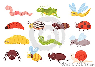 Cute insects set, colorful funny insects, grasshopper dragonfly worm spider fly ladybug Vector Illustration