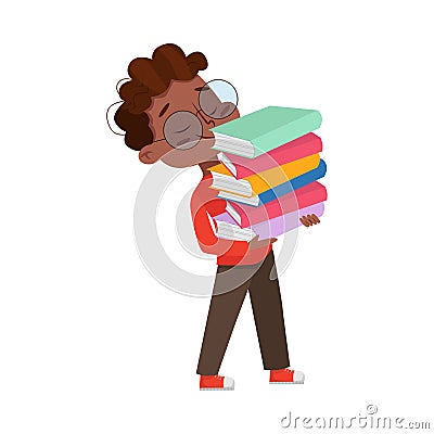 Cute Intelligent African American Boy in Glasses Carrying Stack of Books, Education and Knowledge Concept Cartoon Style Vector Illustration