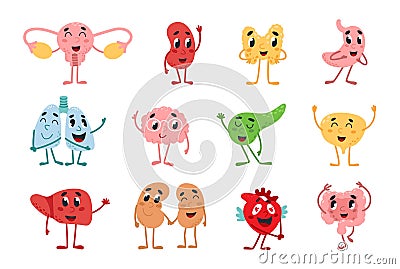 Cute internal organs. Funny lungs, liver and brain, stomach and heart in love. Childish book organ character, adorable Vector Illustration