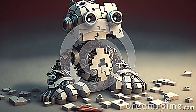 Cute introverted robot jigsaw puzzle. Generative AI Stock Photo