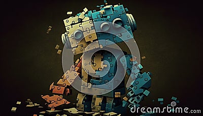 Cute introverted robot jigsaw puzzle. Generative AI Stock Photo