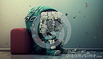 Cute introverted robot jigsaw puzzle. Generative AI Stock Photo