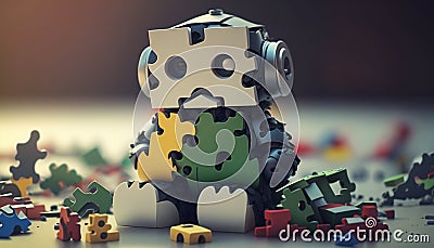 Cute introverted robot jigsaw puzzle. Generative AI Stock Photo