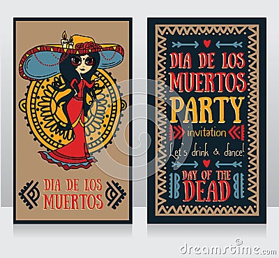 Cute invitation cards for dia de los muertos Vector Illustration
