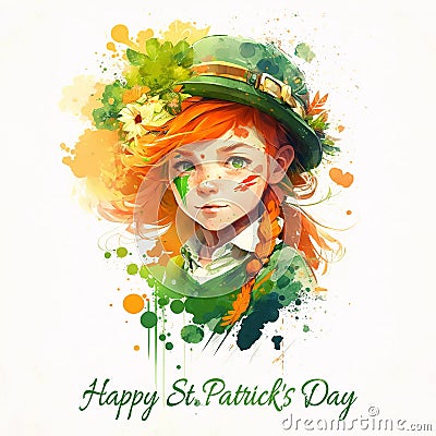 Cute Irish girl in a green leprechaun hat wishes Happy St. Patricks Day Stock Photo