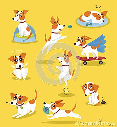 Cute jack russell terrier set, funny pet dog character in different situations cartoon vector Illustrations Vector Illustration