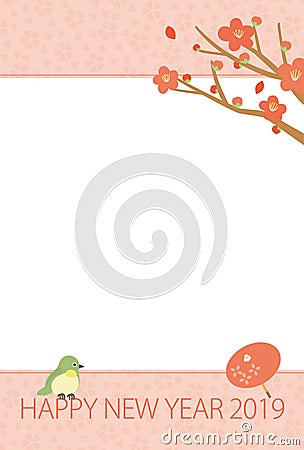 New year`s card 2019 with nightingale and japanese umbrella. Vector Illustration