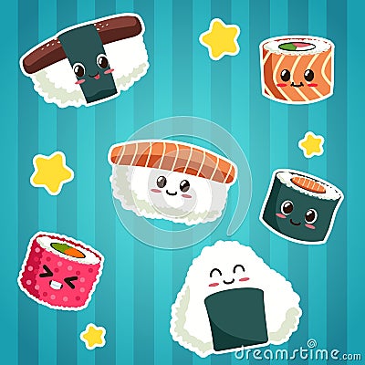 Cute Japanese food stickers Cartoon Illustration