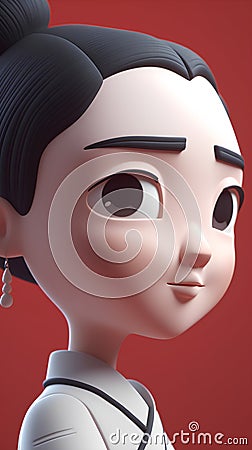 Cute Japanese girl on red background. 3d render. Cartoon style. Stock Photo