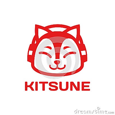 Cute japanese style Fox kitsune logo design Vector Illustration