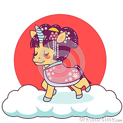 Cute japanese unicorn geisha with kimono Vector Illustration