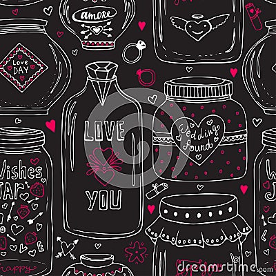 Cute jars of love pattern. Valentines seamless chalkboard background. Vector wishes jar with lettering. Love day decoration. Vector Illustration