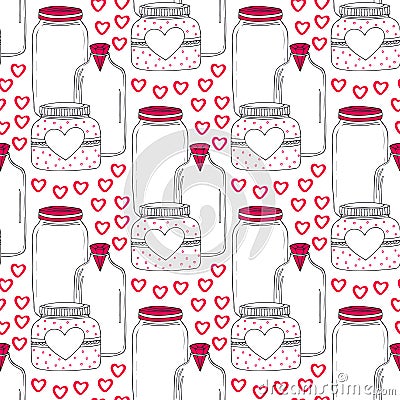 Cute jars pattern. Valentines seamless background with sweet hearts. Vector Love day decoration. Vector Illustration