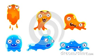 Cute Jelly Monsters Set, Funny Bright Slimy Cartoon Character with Various Emotions Vector Illustration Vector Illustration