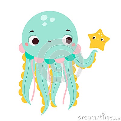 Cute jellyfish with starfish. Cartoon animal character for kids and children Vector Illustration