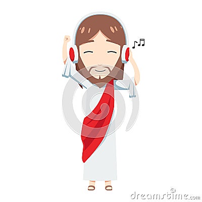 Cute Jesus is listening to the headphone. Isolated Vector Illustration Vector Illustration