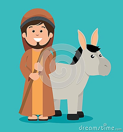 Cute joseph and donkey manger design Vector Illustration