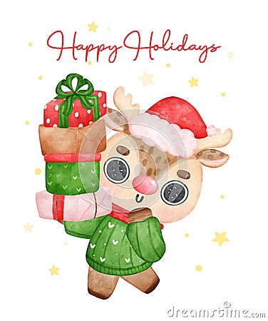 Cute joyful Christmas reindeer animal carry stack of wrapped presents, Happy Holiday, cartoon animal character watercolour hand Vector Illustration