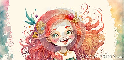 Cute joyful girl with red hair in a watercolor hand drawn style on a white background with watercolor blots. Stock Photo