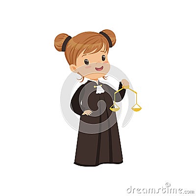 Cute judge girl cartoon character holding golden scales of justice vector Illustration on a white background Vector Illustration