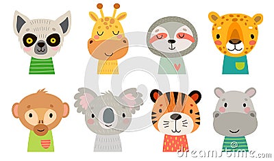 Cute Jungle animal faces. Hand drawn characters. Sweet funny animals Vector Illustration