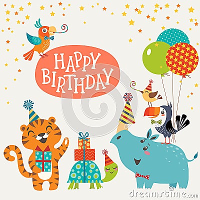 Cute jungle animals happy birthday card Vector Illustration