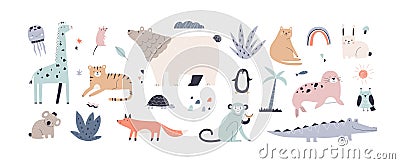 Cute jungle animals in Scandinavian style. Children's set of funny alligator, nordic bear, fox, giraffe, koala, monkey Vector Illustration