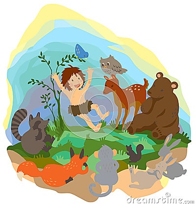 A cute jungle boy is reading book to animals in th Vector Illustration