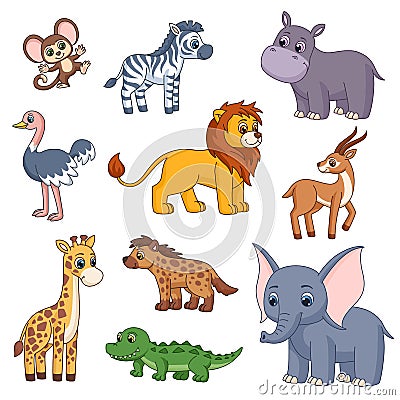 Cute jungle cartoon animals. Safari animal, isolated giraffe, lion and zebra. Kids hippo and monkey. Baby garish wild Vector Illustration