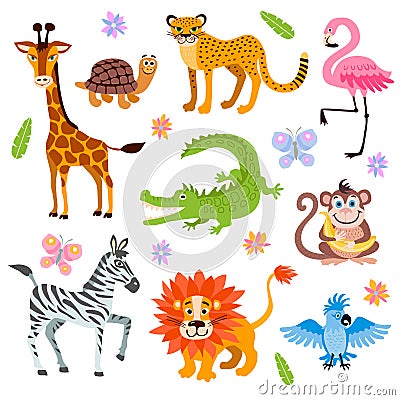 Cute jungle and safari animals vector set for kids book Vector Illustration