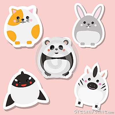 Cute kawaii animals stickers set. Vector illustration. Cat, panda, rabbit, whale Vector Illustration