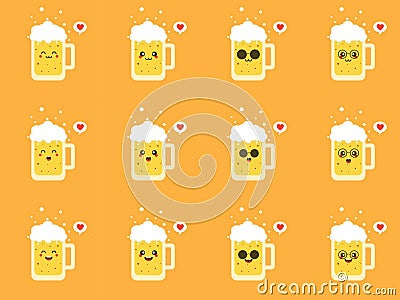 cute and kawaii beer flat design vector illustration. Funny beer glass character with smiling human emoji, cartoon vector Vector Illustration