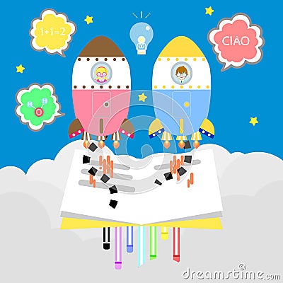 cute kawaii bookworm boy and girl learning back to school concept flying with colorful rocket in space,sky with cloud background Vector Illustration